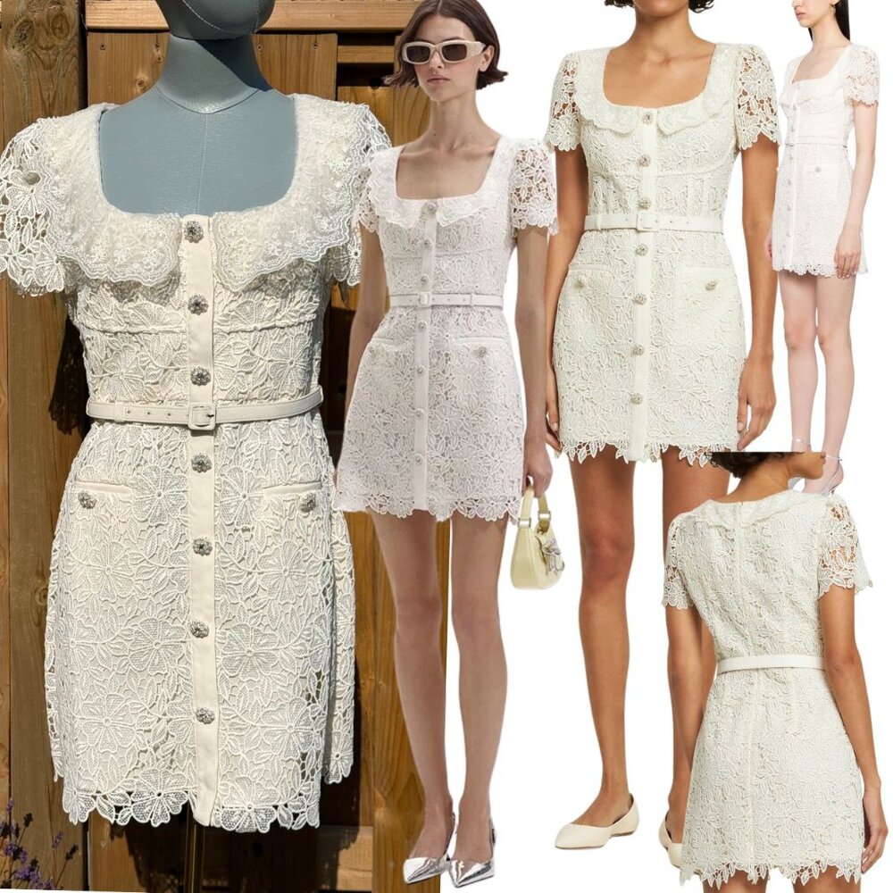 🆕 SELF-PORTRAIT 🧿 NWT Cream Guipure Lace Belted Mini Dress, Sz UK 12 US 8